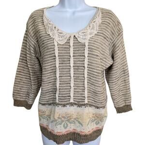 Vintage 80s Sweater Loft Beige Cream Cotton Sweater Top Cottage Boho Academia S